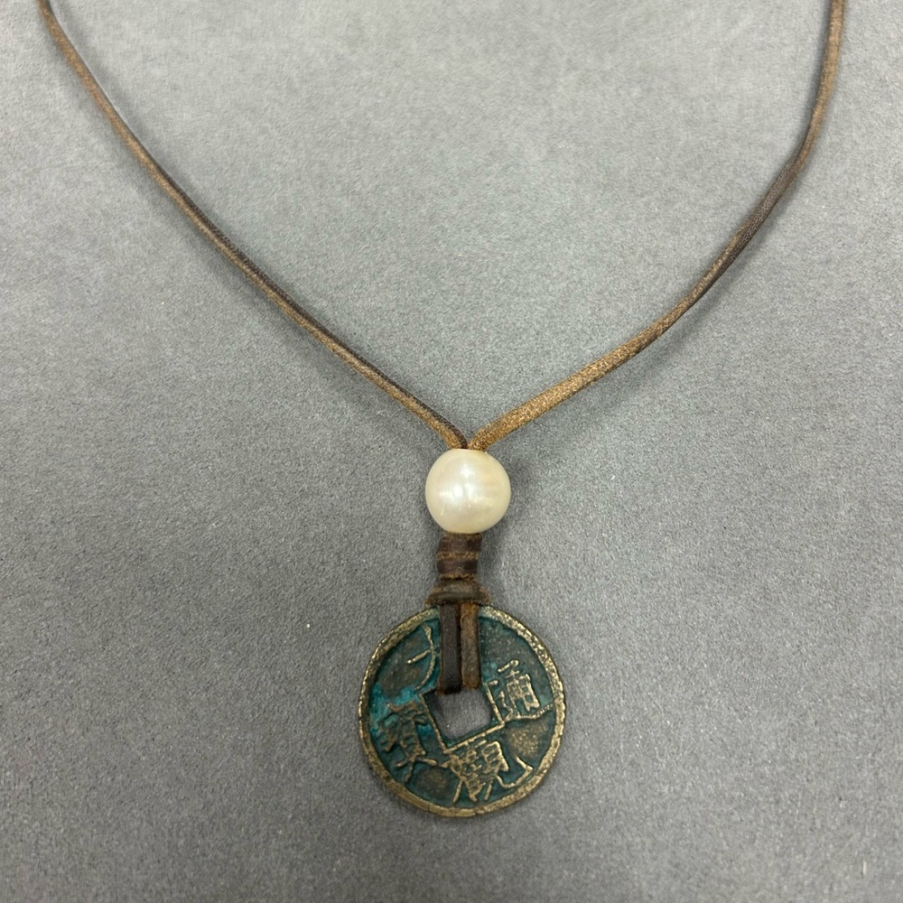 Wendy Mignot Ming Dynasty Bronze Coin & Freshwater Pearl and Leather Necklace